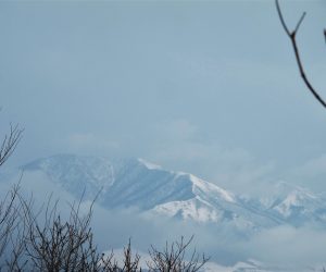 三平山スノーシュー　土塁より上蒜山　上蒜山には雲がかかってい山頂が見えません。