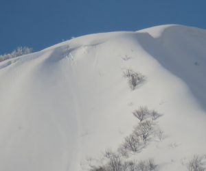 2/12  上蒜山8合目付近 茅部野より望遠で 雪庇は尾根の東側にできます