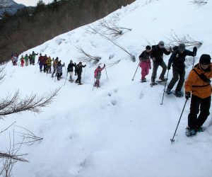 2/26 スノーシュウ三平山登山（雪崩常襲地帯を横切る）此処だけは朝のうちに通過したい所です。