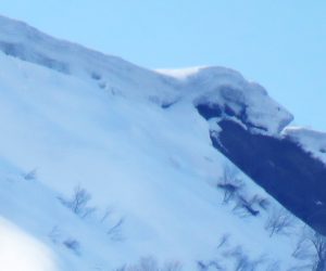 3月25日　上蒜山の雪庇　2m位積もっています。ブロック雪崩が怖い、